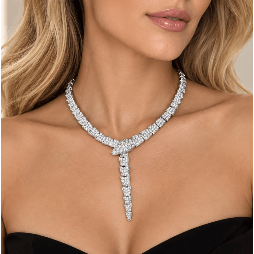 Bulgari Post-1980s 18KT White Gold Diamond Serpenti Necklace on neck