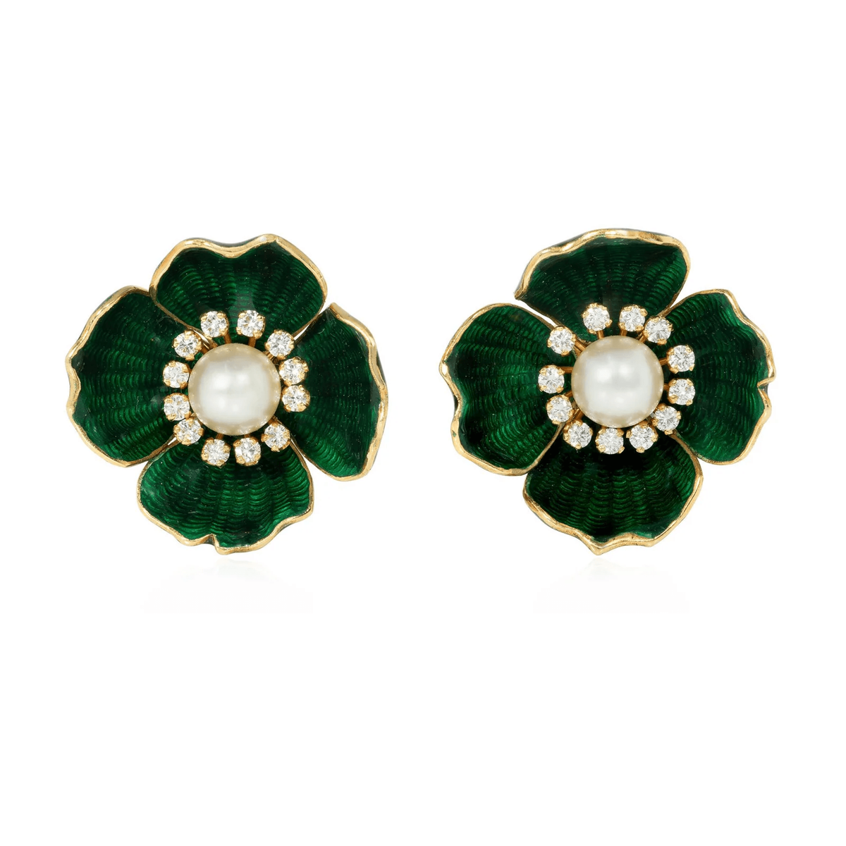 Boucheron France 1960s 18KT Yellow Gold Enamel, Diamond & Pearl Earrings front