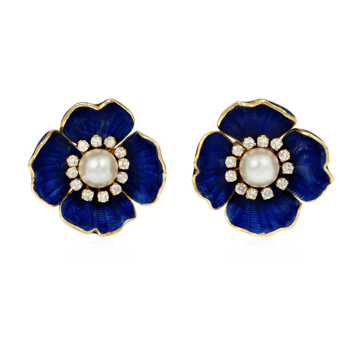 Boucheron France 1960s 18KT Yellow Gold Enamel, Diamond & Pearl Earrings front