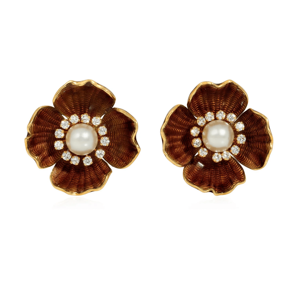 Boucheron France 1960s 18KT Yellow Gold Enamel, Diamond & Pearl Earrings front
