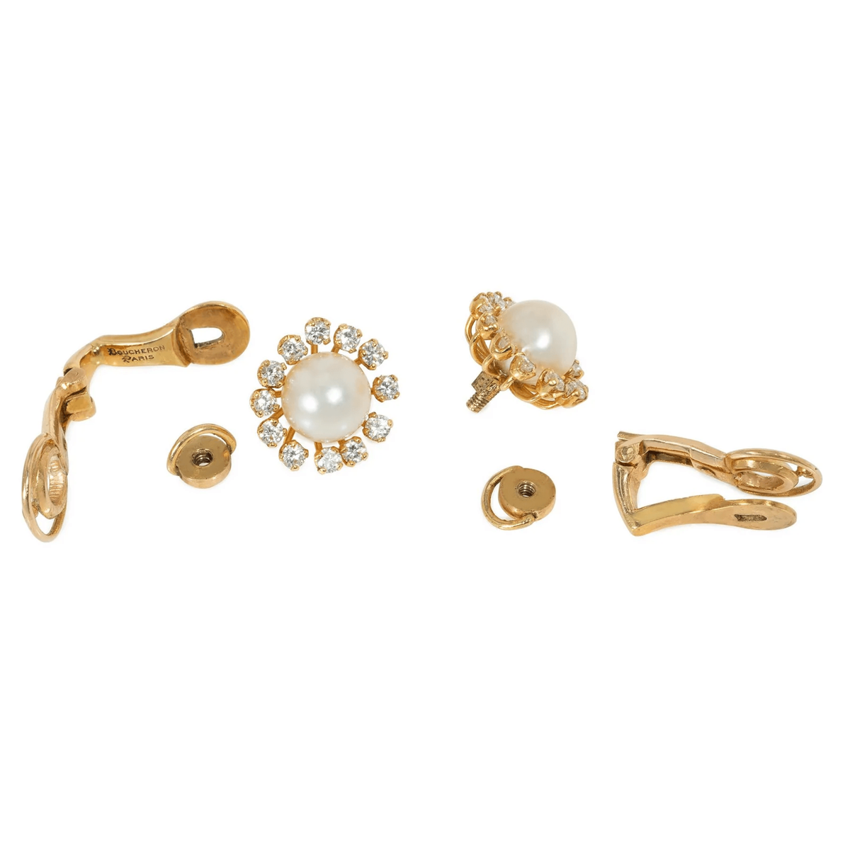 Boucheron France 1960s 18KT Yellow Gold Enamel, Diamond & Pearl Earrings