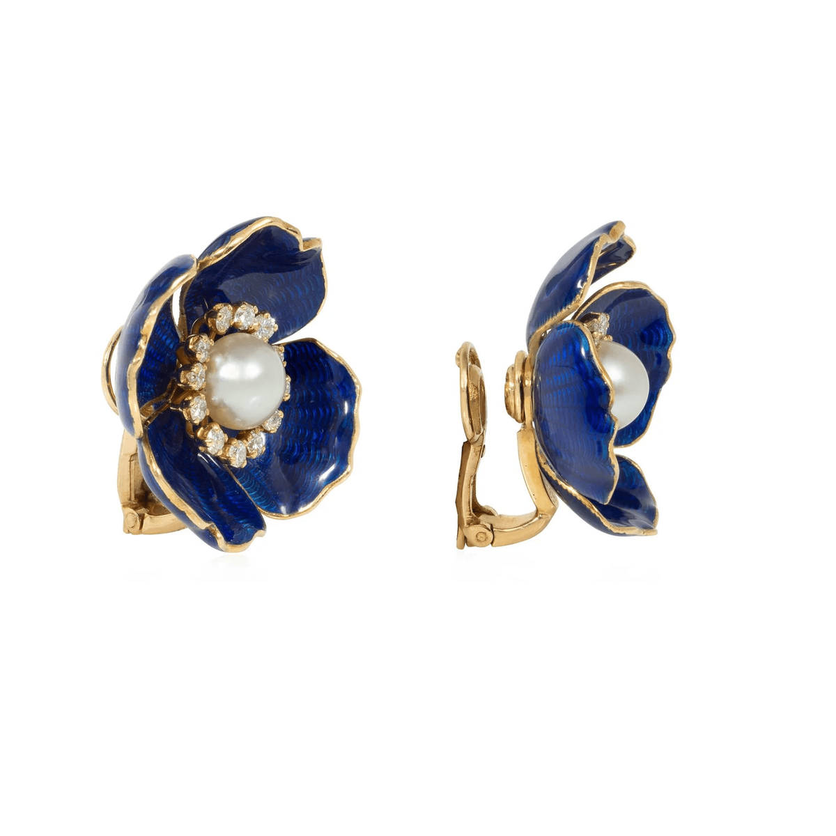 Boucheron France 1960s 18KT Yellow Gold Enamel, Diamond & Pearl Earrings side