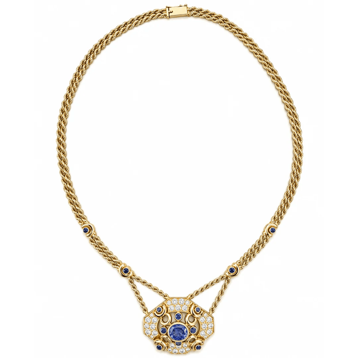 Contemporary 18KT Yellow Gold Sapphire & Diamond Necklace front