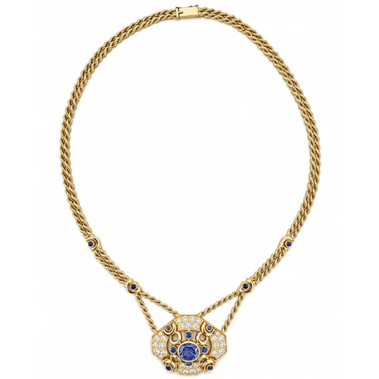 Contemporary 18KT Yellow Gold Sapphire & Diamond Necklace front
