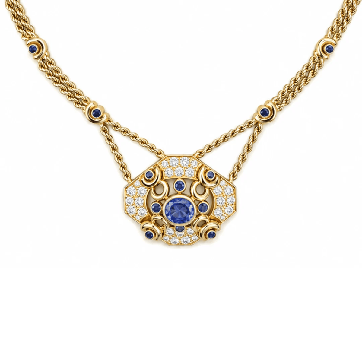 Contemporary 18KT Yellow Gold Sapphire & Diamond Necklace front