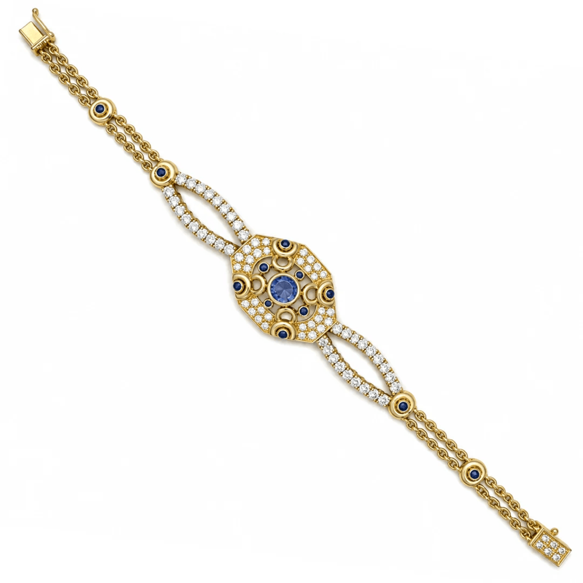 Contemporary 18KT Yellow Gold Sapphire & Diamond Bracelet front