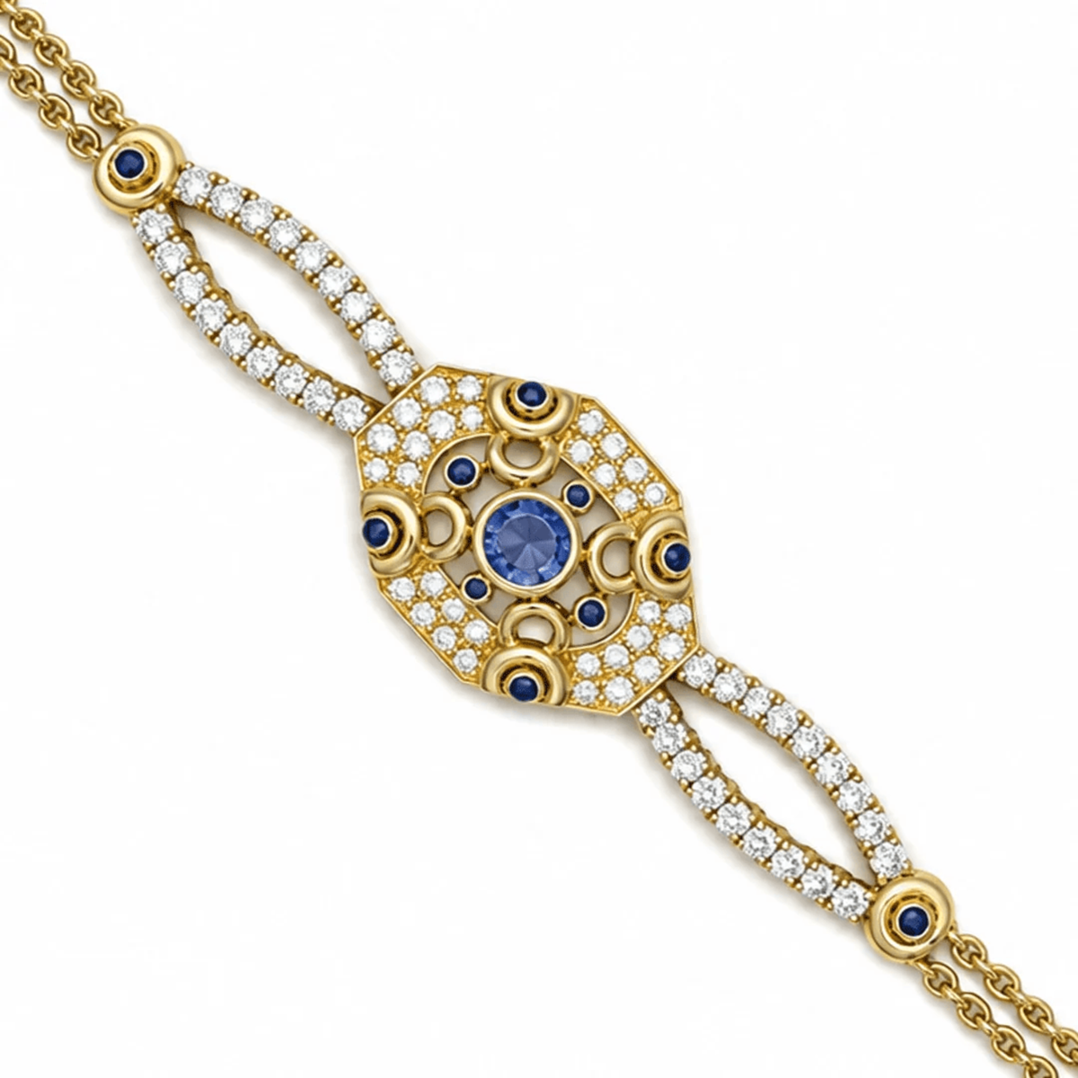 Contemporary 18KT Yellow Gold Sapphire & Diamond Bracelet front