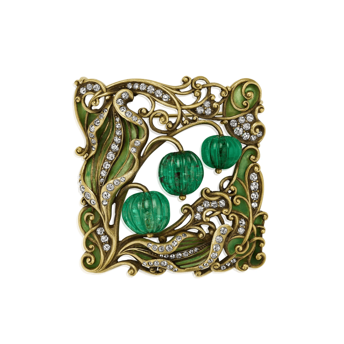 Marcus & Co. NY Art Nouveau 18KT Yellow Gold Emerald, Diamond & Enamel Brooch front