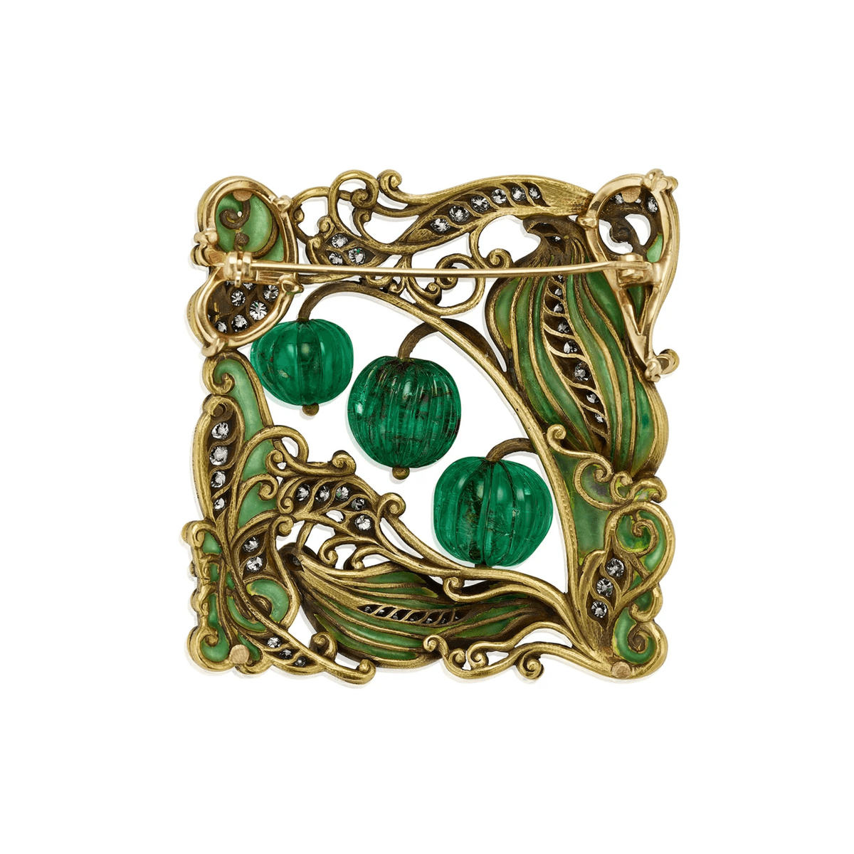 Marcus & Co. NY Art Nouveau 18KT Yellow Gold Emerald, Diamond & Enamel Brooch back