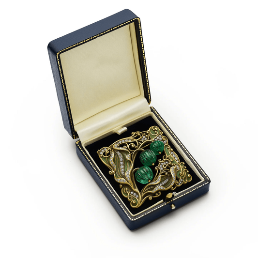 Marcus & Co. NY Art Nouveau 18KT Yellow Gold Emerald, Diamond & Enamel Brooch box