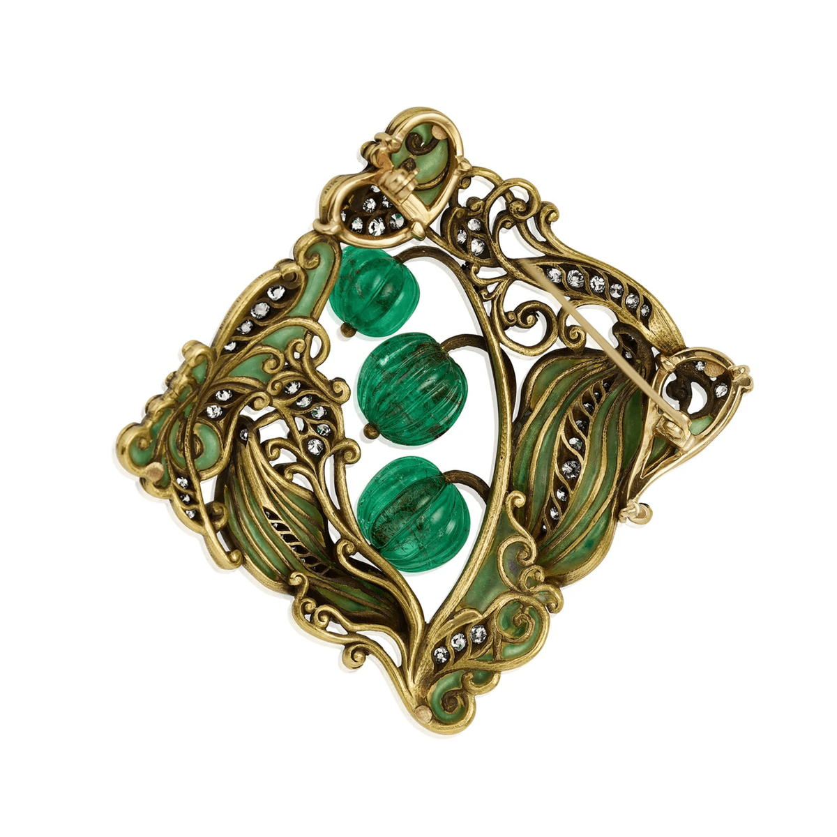 Marcus & Co. NY Art Nouveau 18KT Yellow Gold Emerald, Diamond & Enamel Brooch back