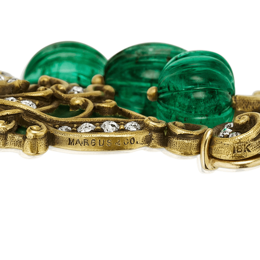 Marcus & Co. NY Art Nouveau 18KT Yellow Gold Emerald, Diamond & Enamel Brooch signature