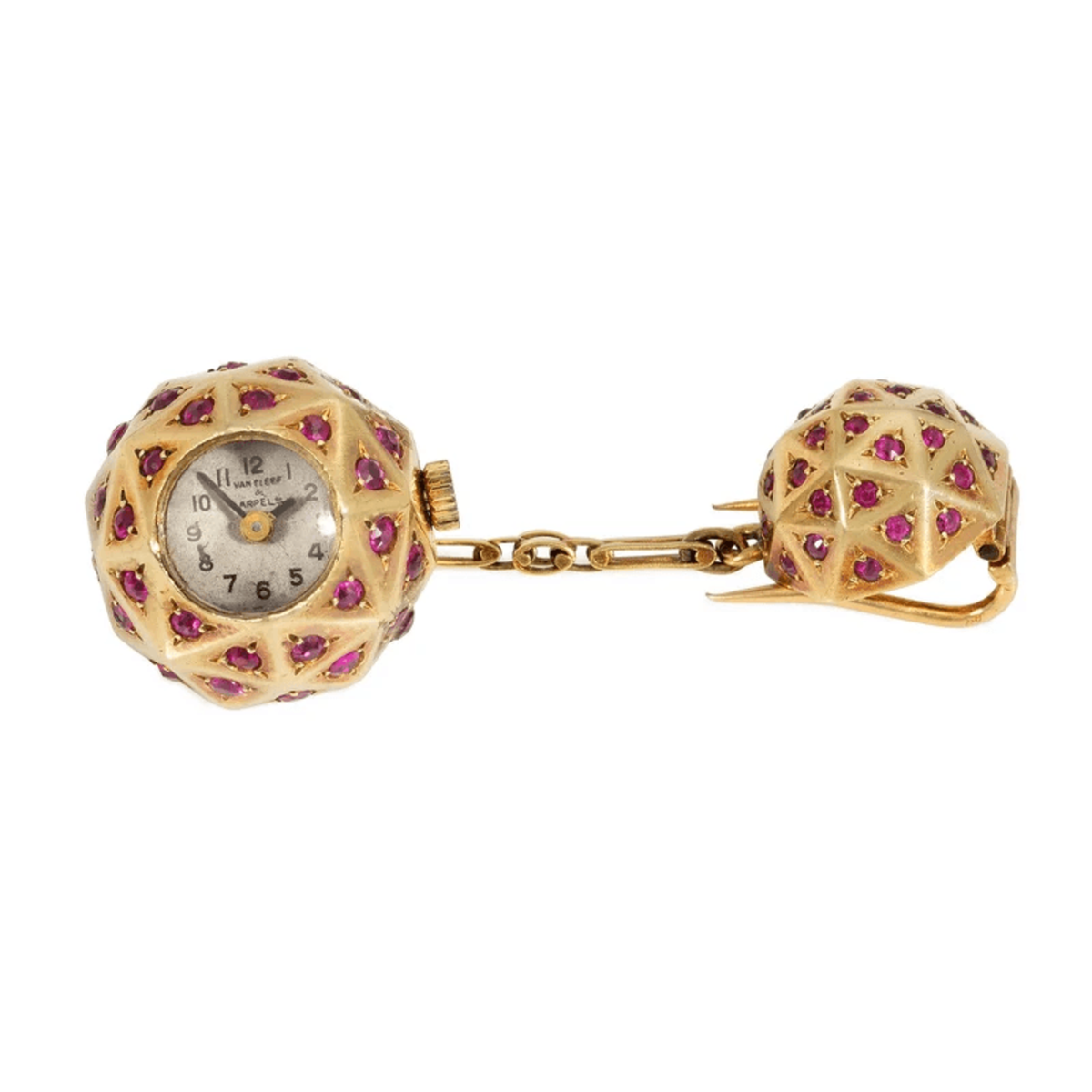 Van Cleef & Arpels Paris Retro 18KT Yellow Gold Ruby Watch Brooch watch face