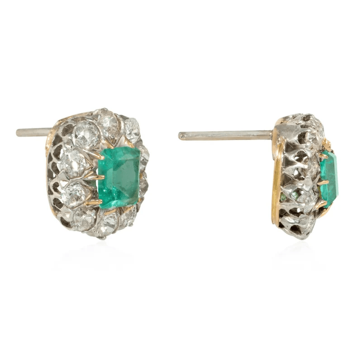 Victorian Silver & 14KT Yellow Gold Emerald & Diamond Earrings side