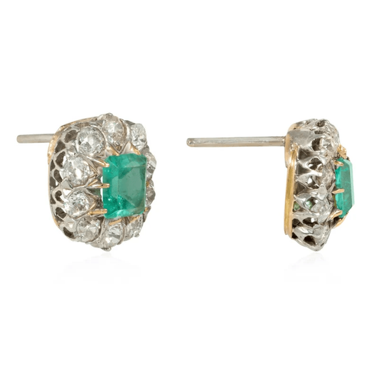 Victorian Silver & 14KT Yellow Gold Emerald & Diamond Earrings side