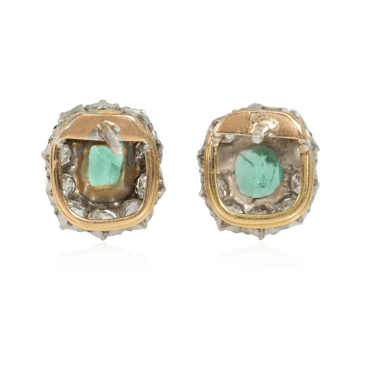 Victorian Silver & 14KT Yellow Gold Emerald & Diamond Earrings back