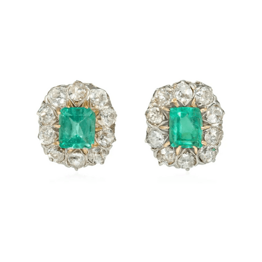 Victorian Silver & 14KT Yellow Gold Emerald & Diamond Earrings front