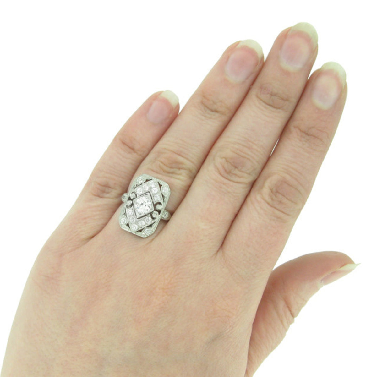 Art Deco Platinum Diamond Ring on finger