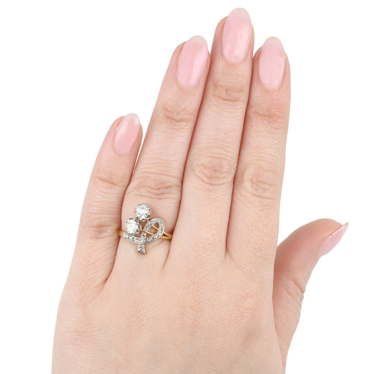 Edwardian Platinum & 18KT Yellow Gold Diamond Ring on finger