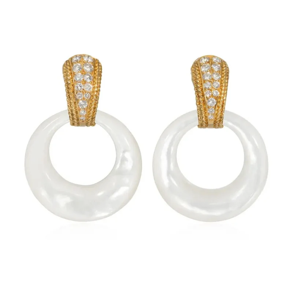 Van Cleef & Arpels France 1960s 18KT Yellow Gold Diamond, Chalcedony & Mother of Pearl Interchangeable Earrings front