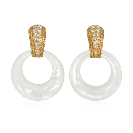 Van Cleef & Arpels France 1960s 18KT Yellow Gold Diamond, Chalcedony & Mother of Pearl Interchangeable Earrings front