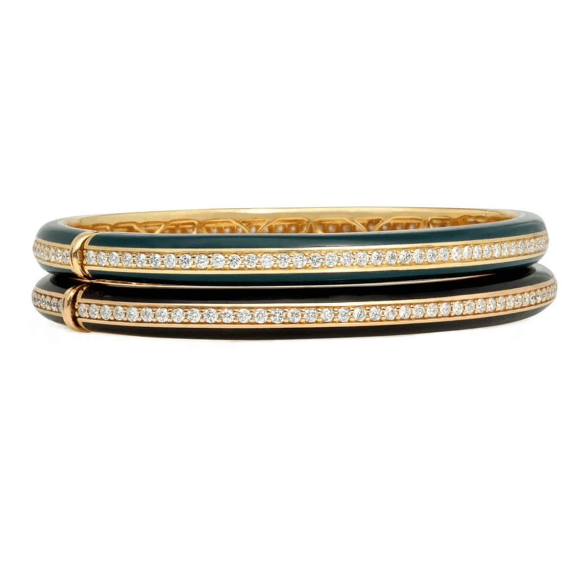 1980s 18KT Rose & Yellow Gold Diamond & Enamel Bracelet Set side