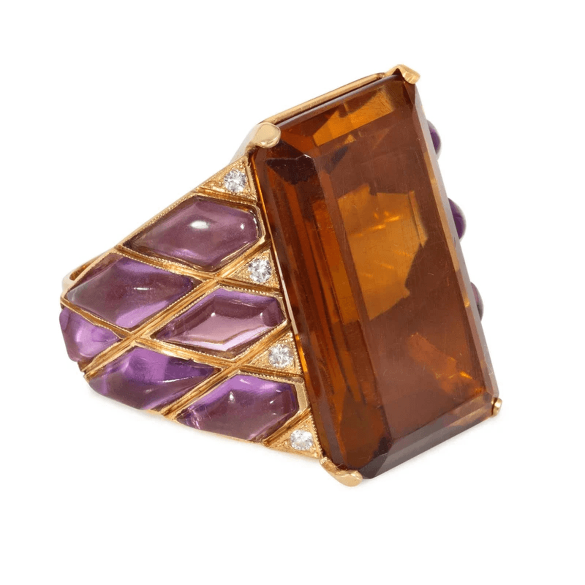 Retro 18KT Yellow Gold Citrine & Amethyst Ring side