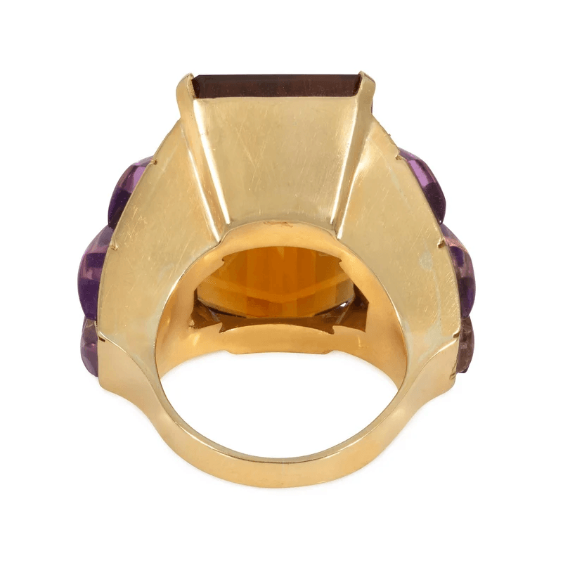 Retro 18KT Yellow Gold Citrine & Amethyst Ring back