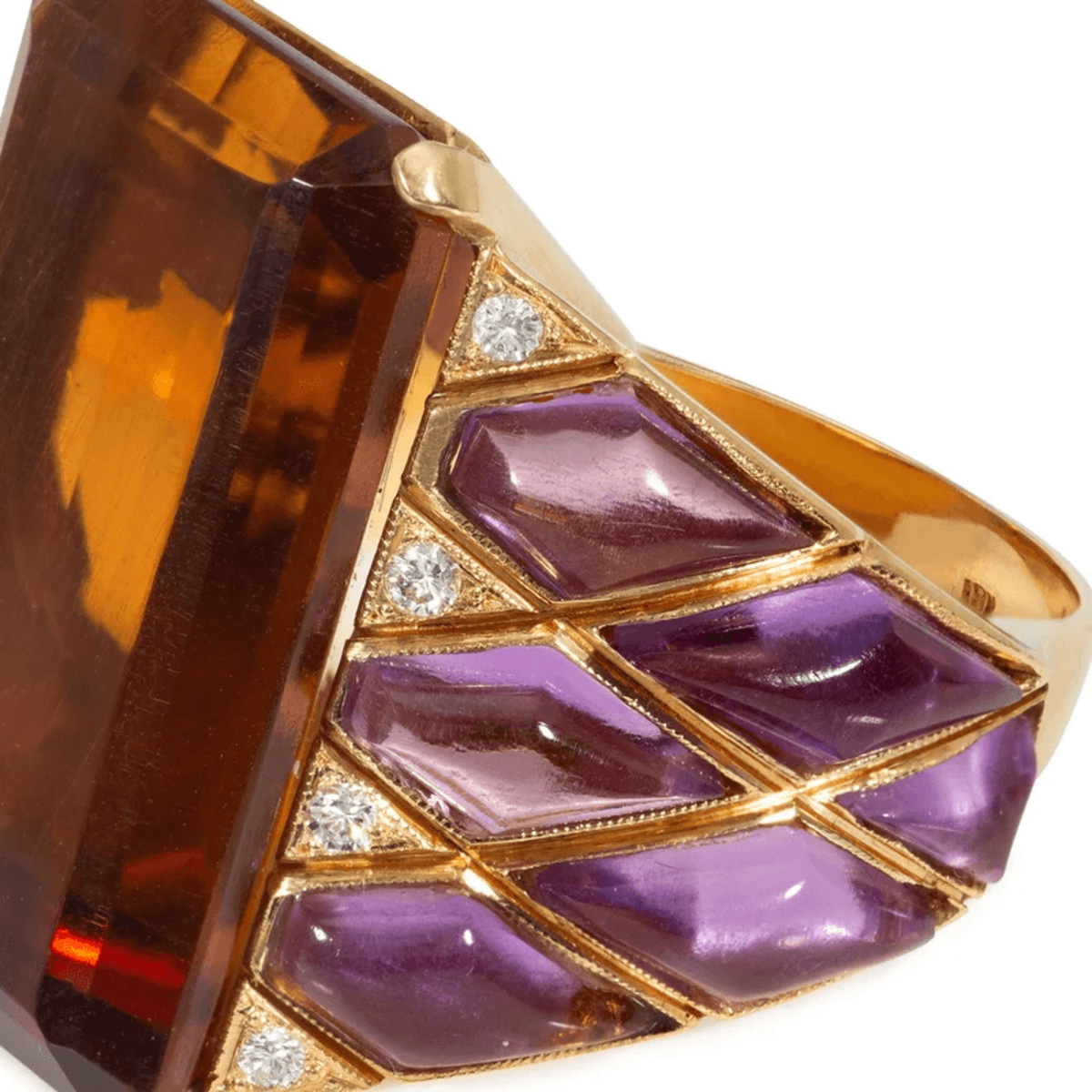Retro 18KT Yellow Gold Citrine & Amethyst Ring detail