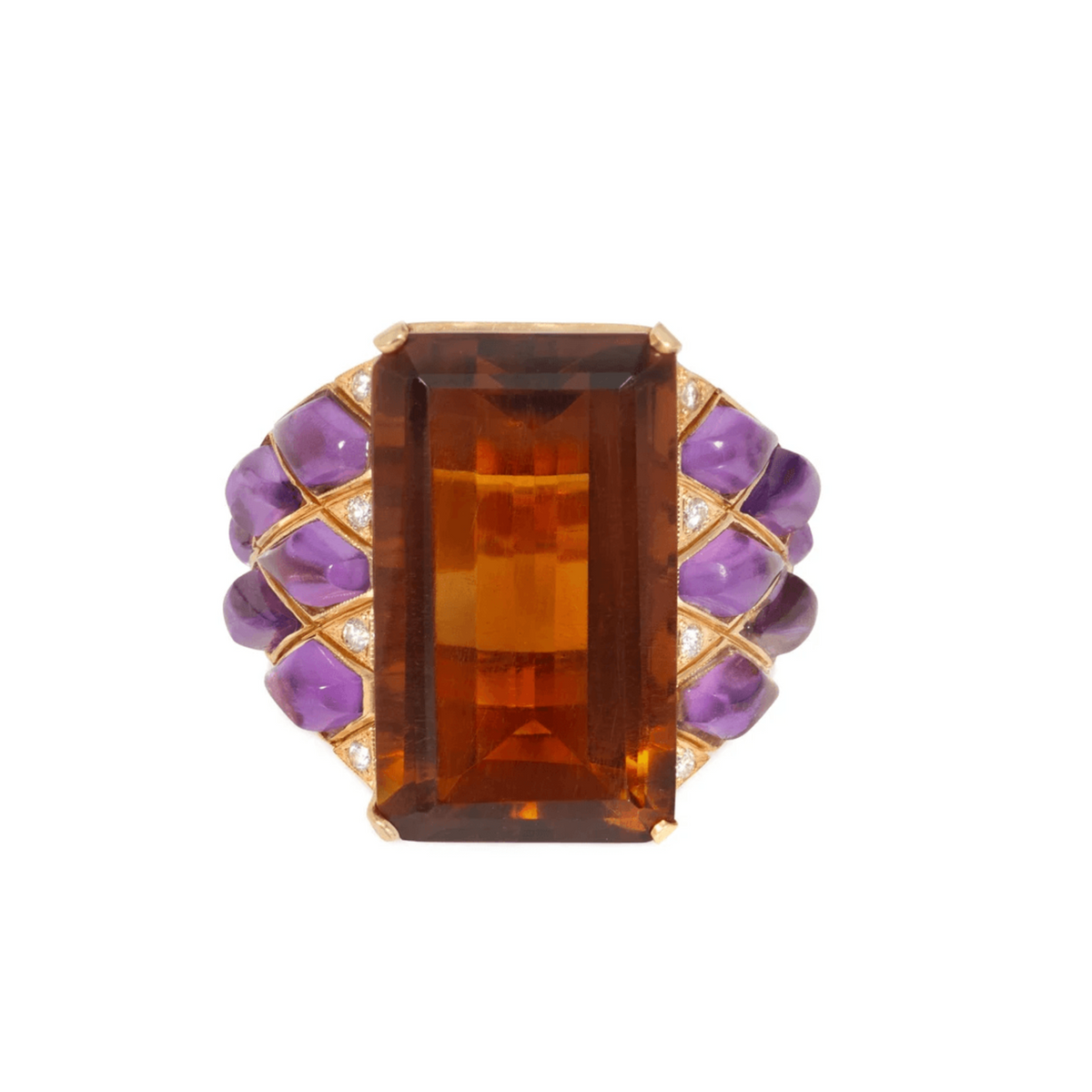 Retro 18KT Yellow Gold Citrine & Amethyst Ring front