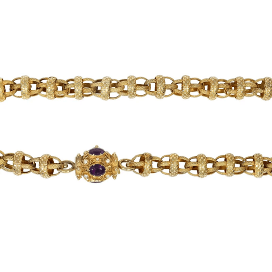English Georgian 15KT Yellow Gold Amethyst & Natural Pearl Necklace detail