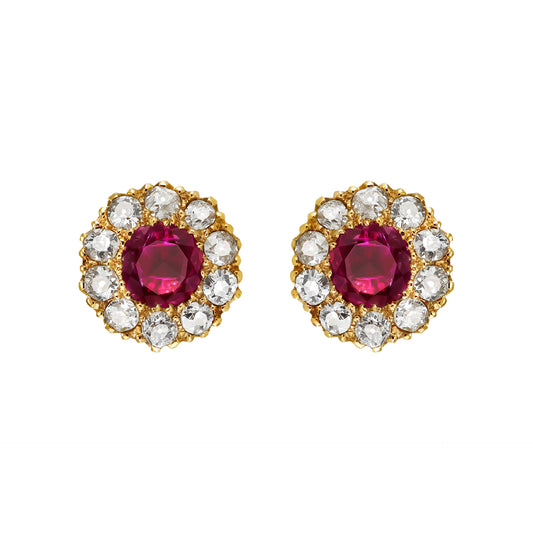 Victorian 18KT Yellow Gold Ruby & Diamond Earrings front