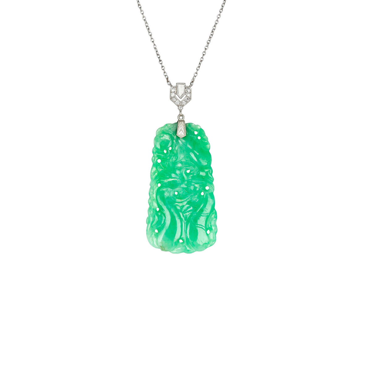 J.E. Caldwell Art Deco Platinum Jade & Diamond Necklace front