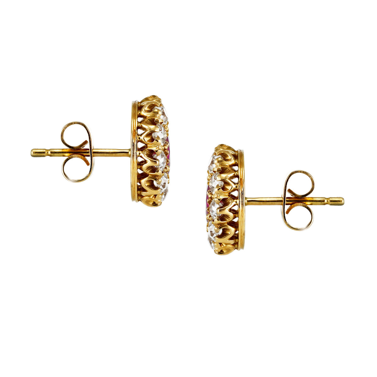 Victorian 18KT Yellow Gold Ruby & Diamond Earrings side