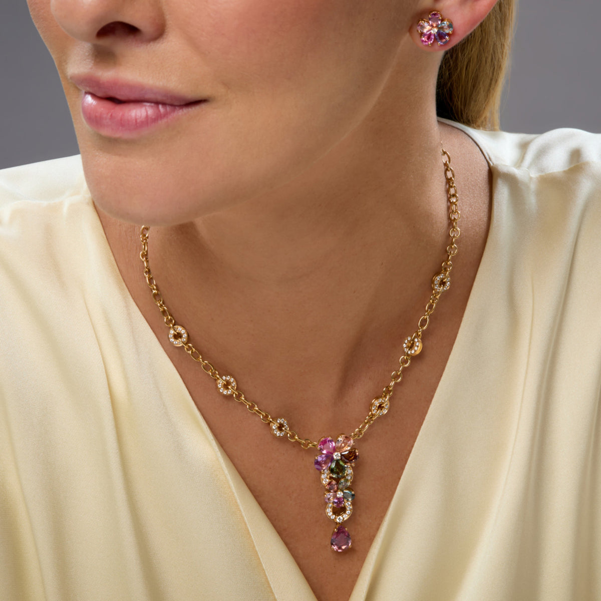 Bulgari Post-1980s 18KT Yellow Gold Sapphire & Diamond Set on neck and ears