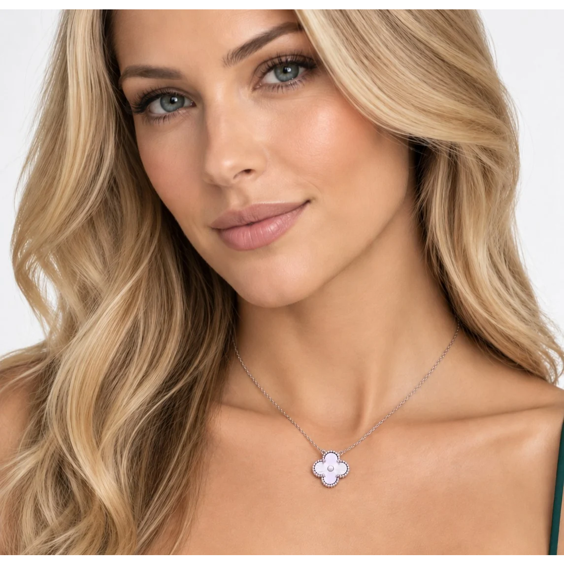 Van Cleef & Arpels Post-1980s 18KT White Gold Alhambra Guilloche Necklace on neck