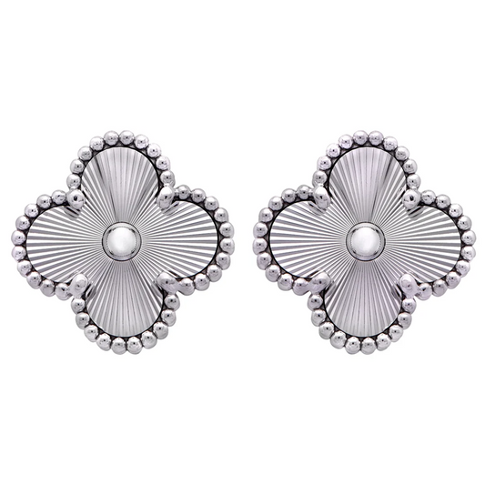 Van Cleef & Arpels Post-1980s 14KT White Gold Alhambra Guilloche Earrings front
