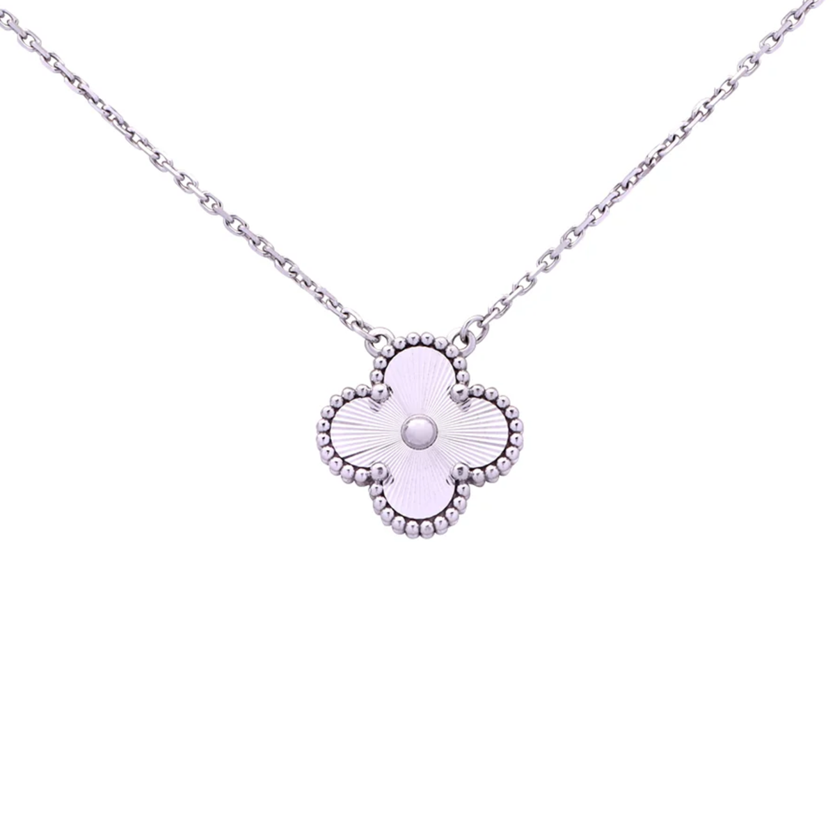 Van Cleef & Arpels Post-1980s 18KT White Gold Alhambra Guilloche Necklace front