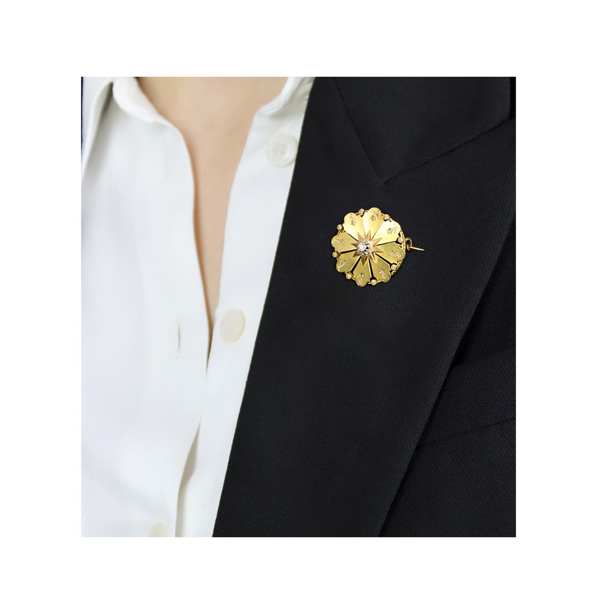 Rene Boivin French Victorian Platinum & 18KT Yellow Gold Diamond Brooch on lapel