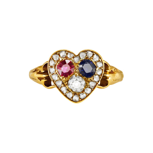 English Victorian 18KT Yellow Gold Ruby, Diamond & Sapphire Heart Ring front