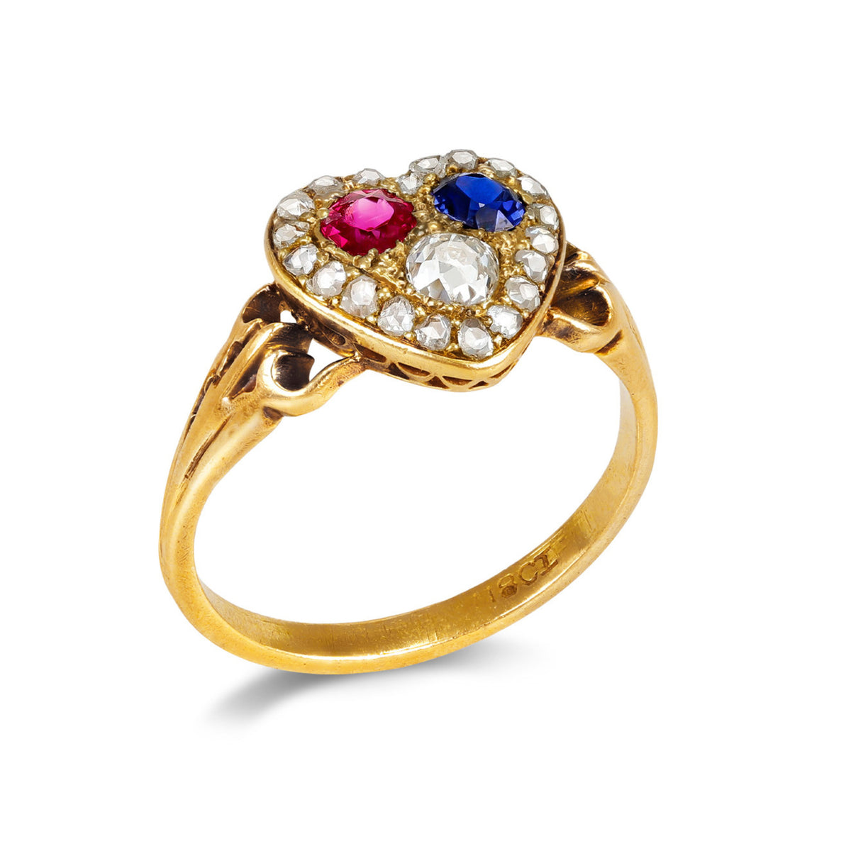 English Victorian 18KT Yellow Gold Ruby, Diamond & Sapphire Heart Ring profile