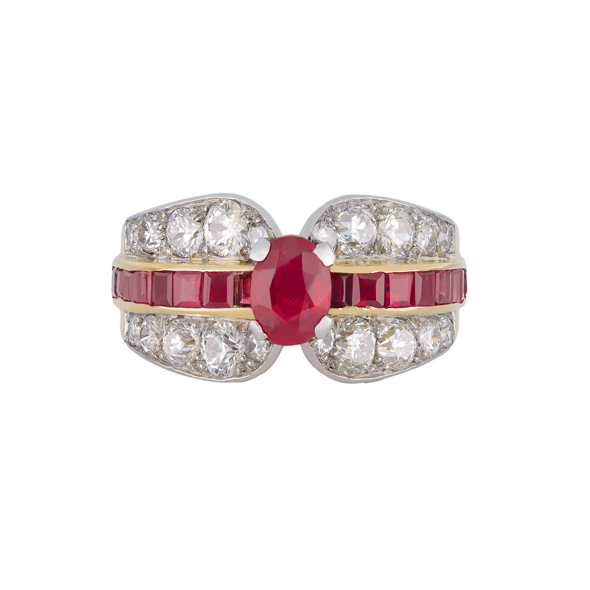 Mellerio French 1940s Platinum & 18KT Yellow Gold Ruby & Diamond Ring front