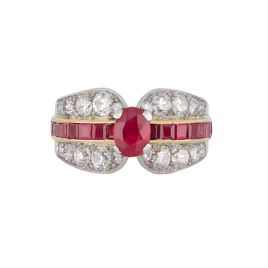 Mellerio French 1940s Platinum & 18KT Yellow Gold Ruby & Diamond Ring front