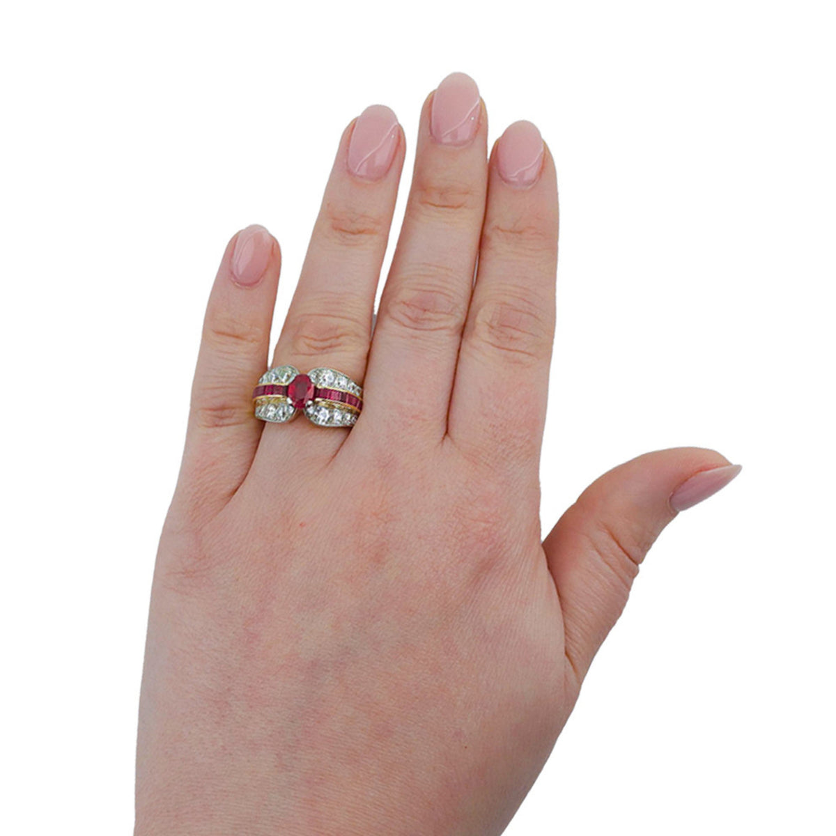 Mellerio French 1940s Platinum & 18KT Yellow Gold Ruby & Diamond Ring on finger