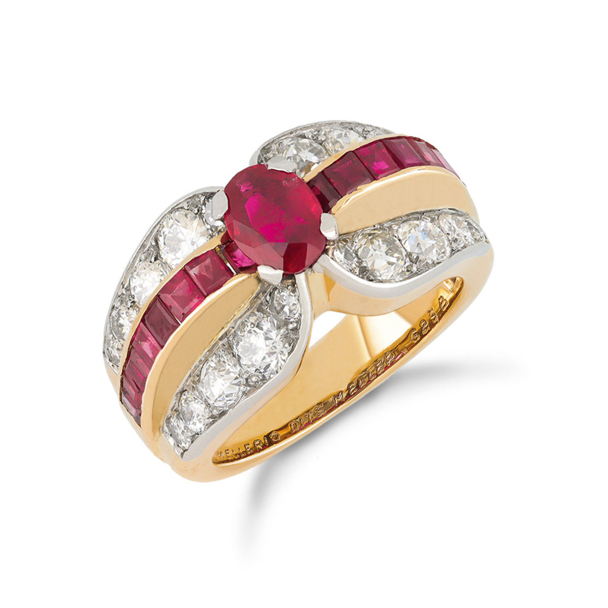 Mellerio French 1940s Platinum & 18KT Yellow Gold Ruby & Diamond Ring front