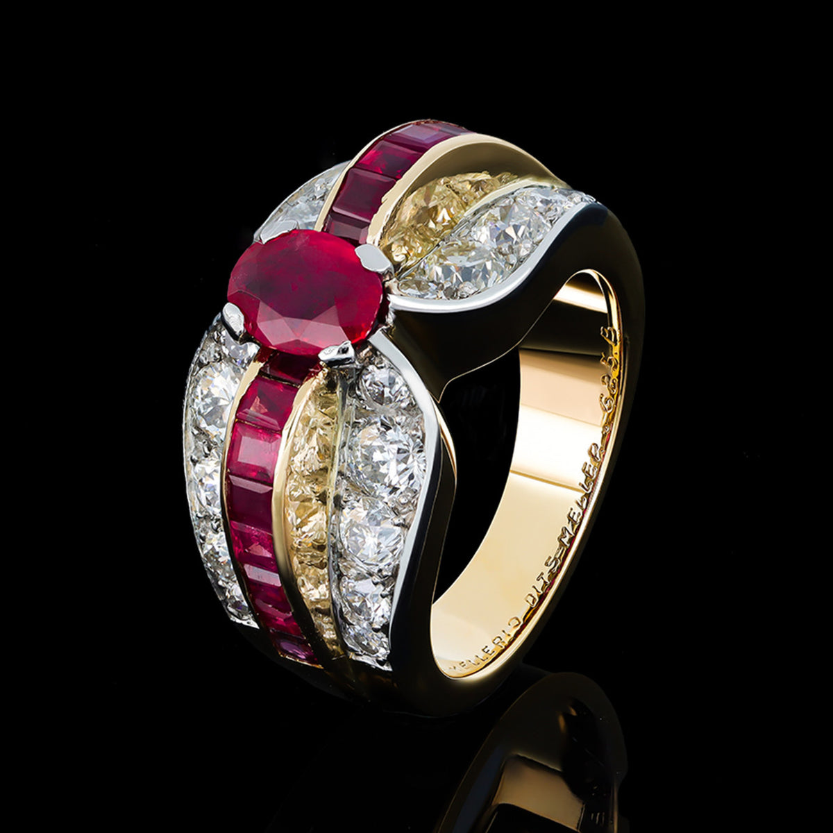 Mellerio French 1940s Platinum & 18KT Yellow Gold Ruby & Diamond Ring front