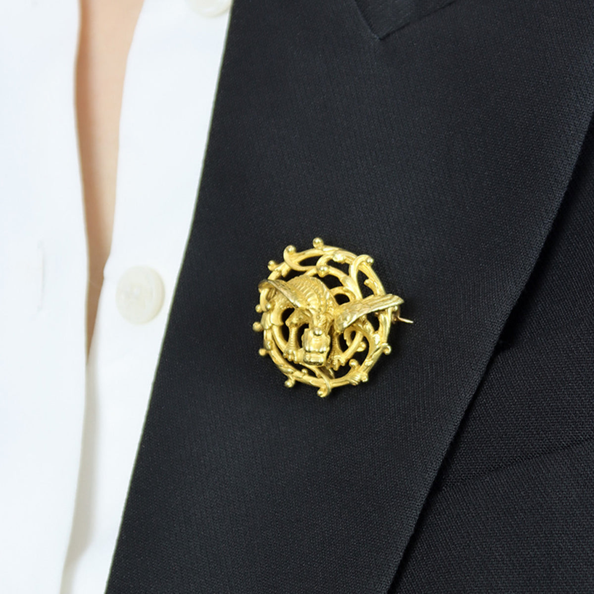 Maison Plisson et Hartz French Victorian 18KT Yellow Gold Chimera Brooch on lapel