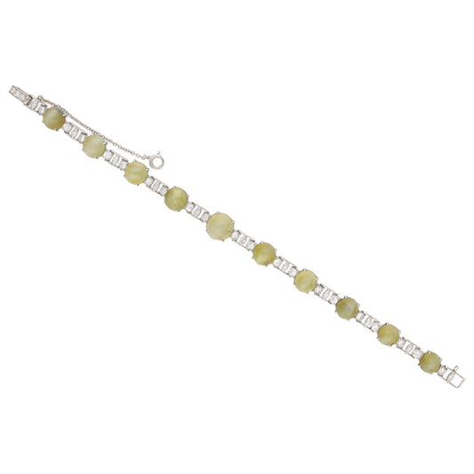 J.E. Caldwell 1930s Platinum Chrysoberyl Cat's Eye & Diamond Bracelet front