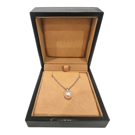 Bulgari Post-1980s 18KT White Gold Cultured Pearl & Diamond Necklace in box