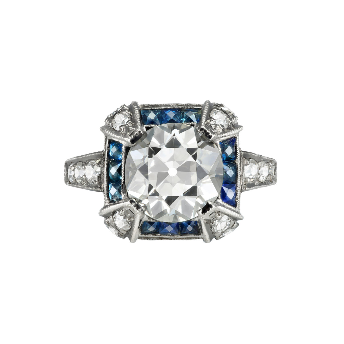 Art Deco Platinum Diamond & Sapphire Ring front